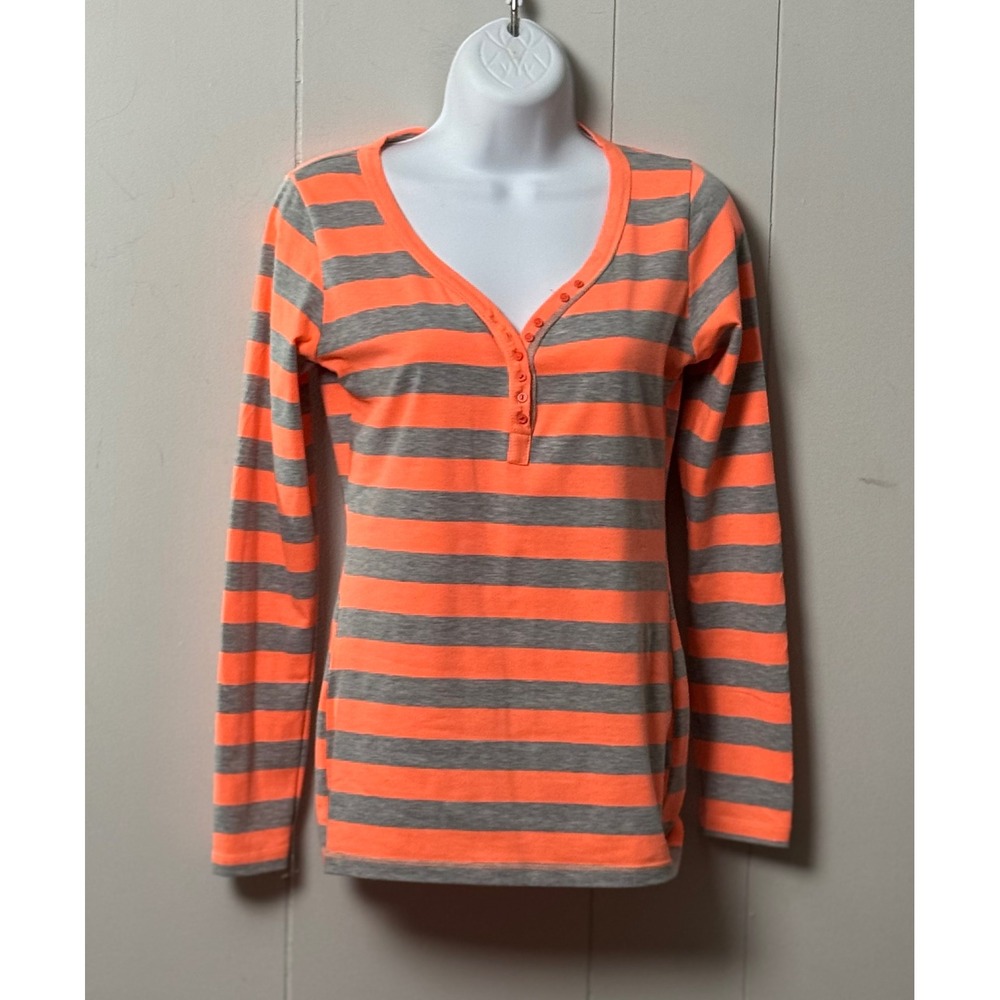 KNC Neon Orange Grey Striped Long Sleeve Henley V-Neck Top Slim Fit Size Small